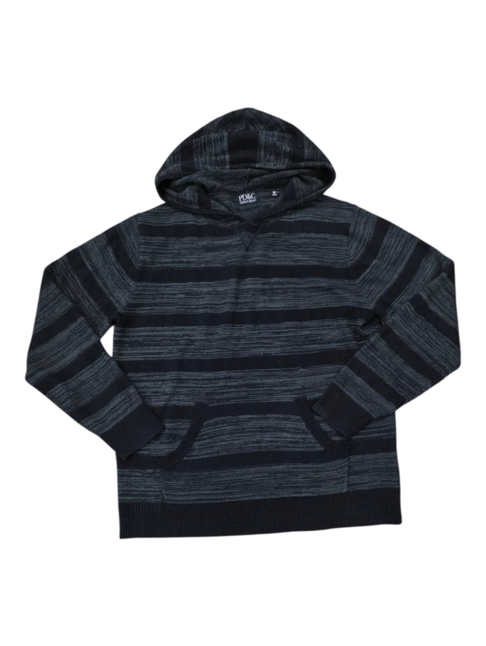 PD&C Authentic Apparel Black & Charcoal Striped Hooded Pullover Sweater M